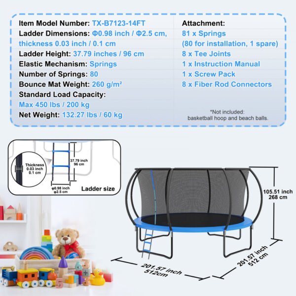 14FT Trampoline, Capacity 450 lbs for Kids & Adults