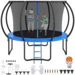 10FT Kids & Adults Trampoline, with Net, Ladder, Curved Poles