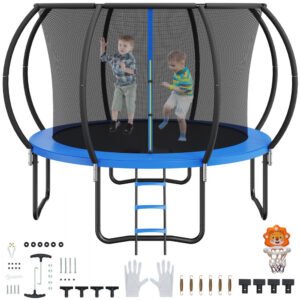 10FT Kids & Adults Trampoline, with Net, Ladder, Curved Poles