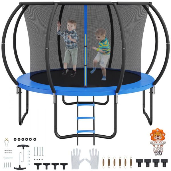 10FT Kids & Adults Trampoline, with Net, Ladder, Curved Poles
