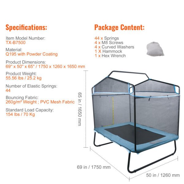 6FT Rectangular Trampoline, with Safety Enclosure Net, for Kids