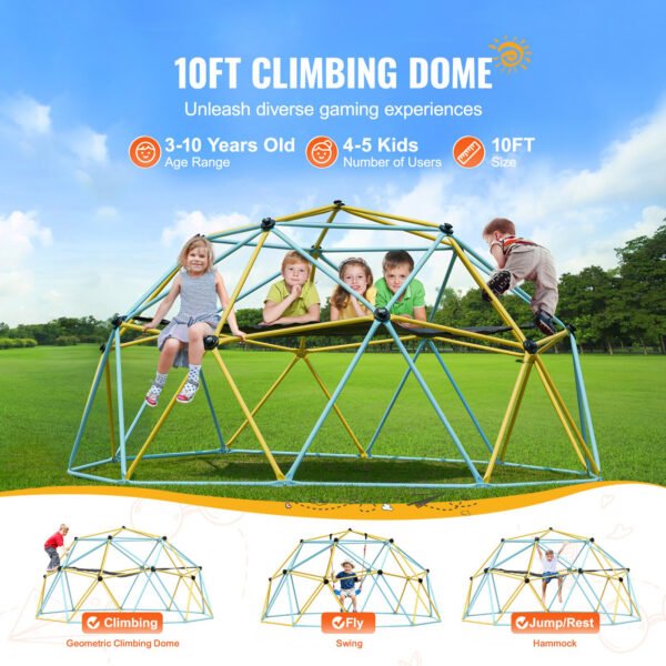10FT Climbing Dome, Hammock & Swing, for Kids 3 to 10 Years Old