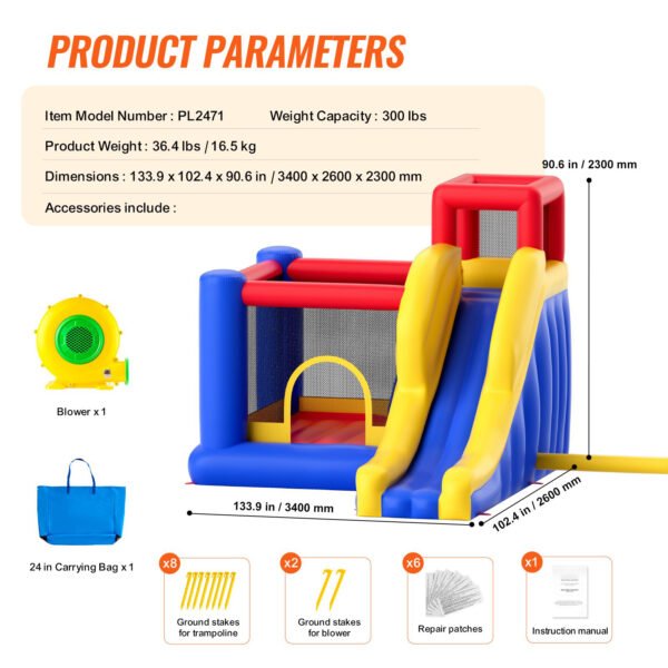 Inflatable Bounce House, Family Backyard Bouncy Castle, 134x102x91 in