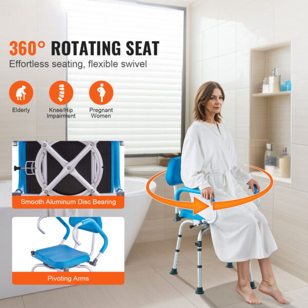 Swivel Shower Chair 360°, Adjustable Bath Seat with Arms, Non-Slip Chair for Elderly