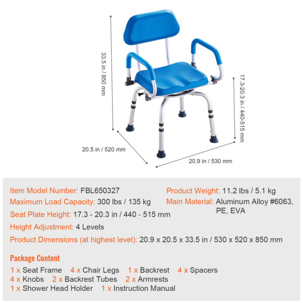 Swivel Shower Chair 360°, Adjustable Bath Seat with Arms, Non-Slip Chair for Elderly
