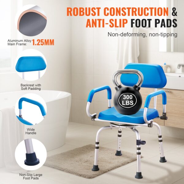 Swivel Shower Chair 360°, Adjustable Bath Seat with Arms, Non-Slip Chair for Elderly